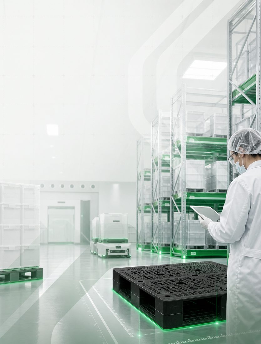 Sala limpia farmacéutica con tarimas de plástico GT y personal de calidad