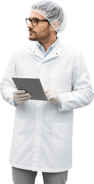 Especialista de farma con bata y cofia revisando una tablet